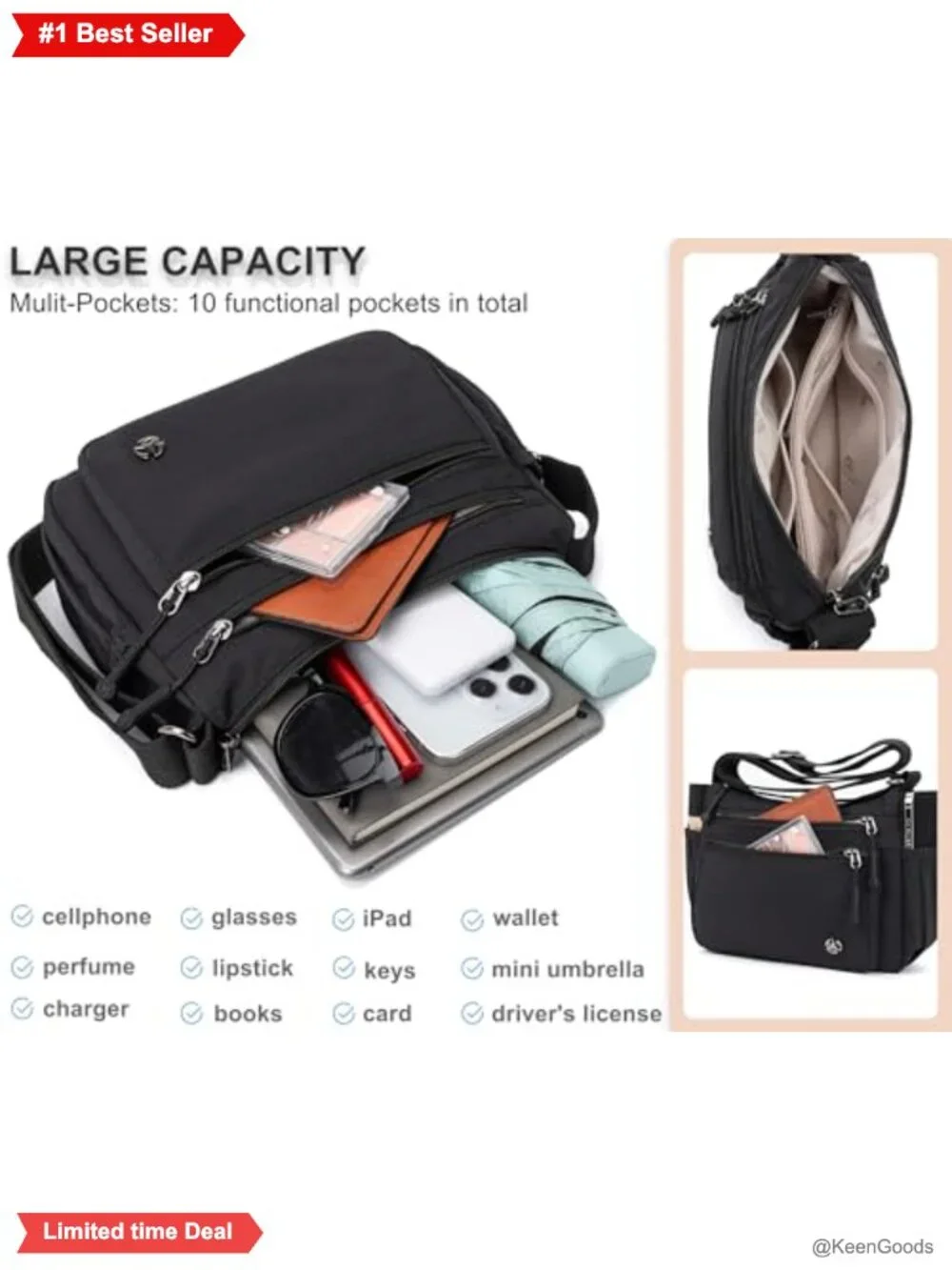 Pealwel Nylon Crossbody Bag Anti-Theft Water-Resistant Purse Adjustable